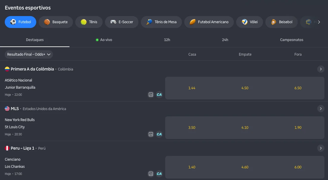 Eventos esportivos da Betnacional com odds 1X2 de futebol